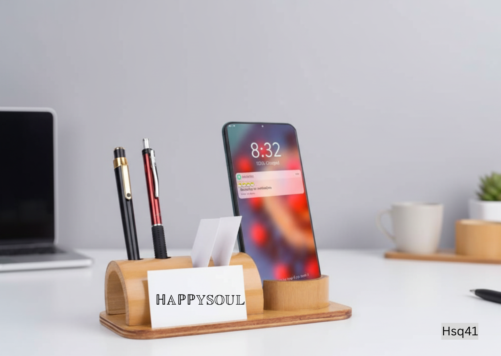 "Bamboo phone stand with card holder and double pen stand (with PU Gloss coating) "