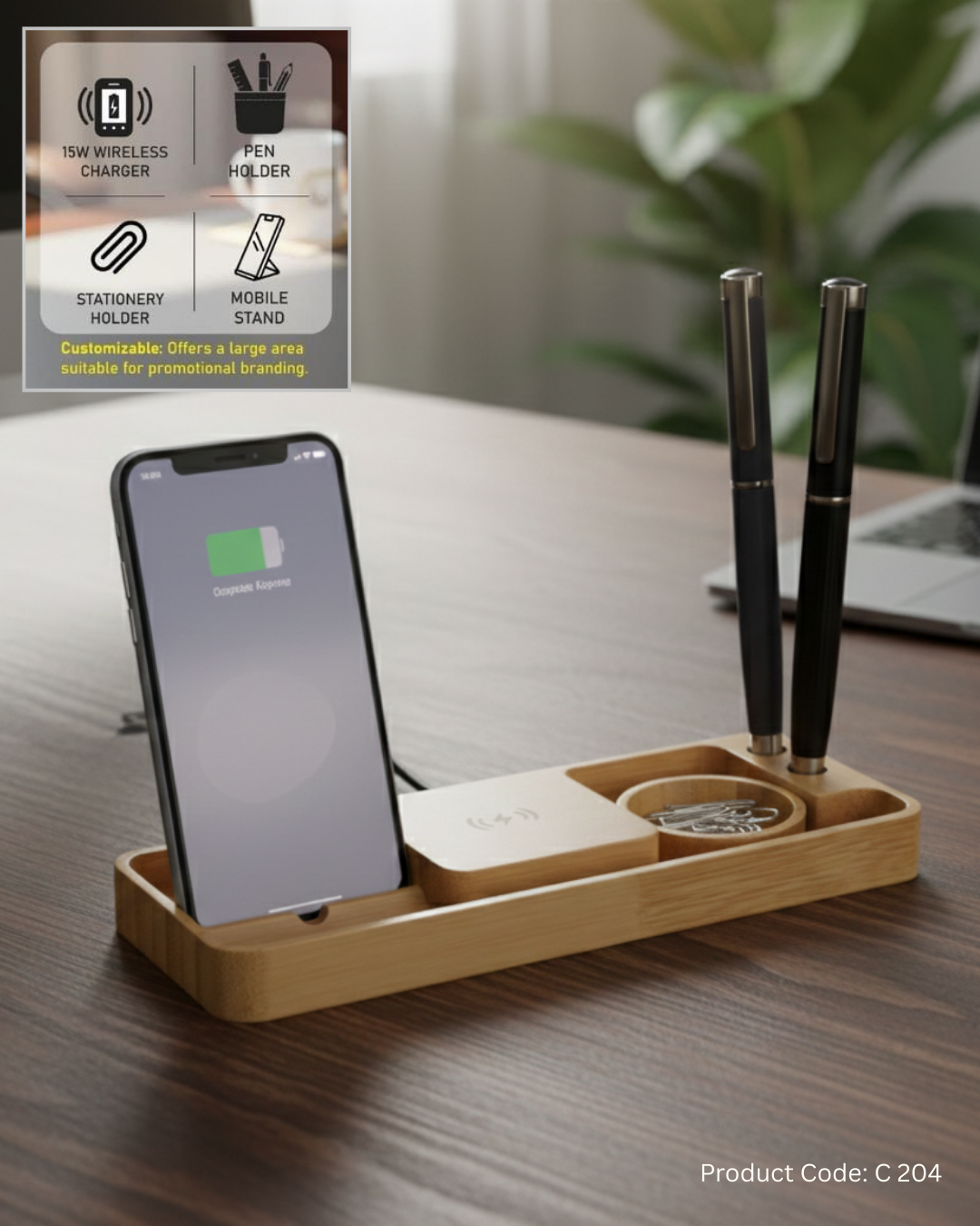 15W Bamboo Wireless Charging Desk Organizer