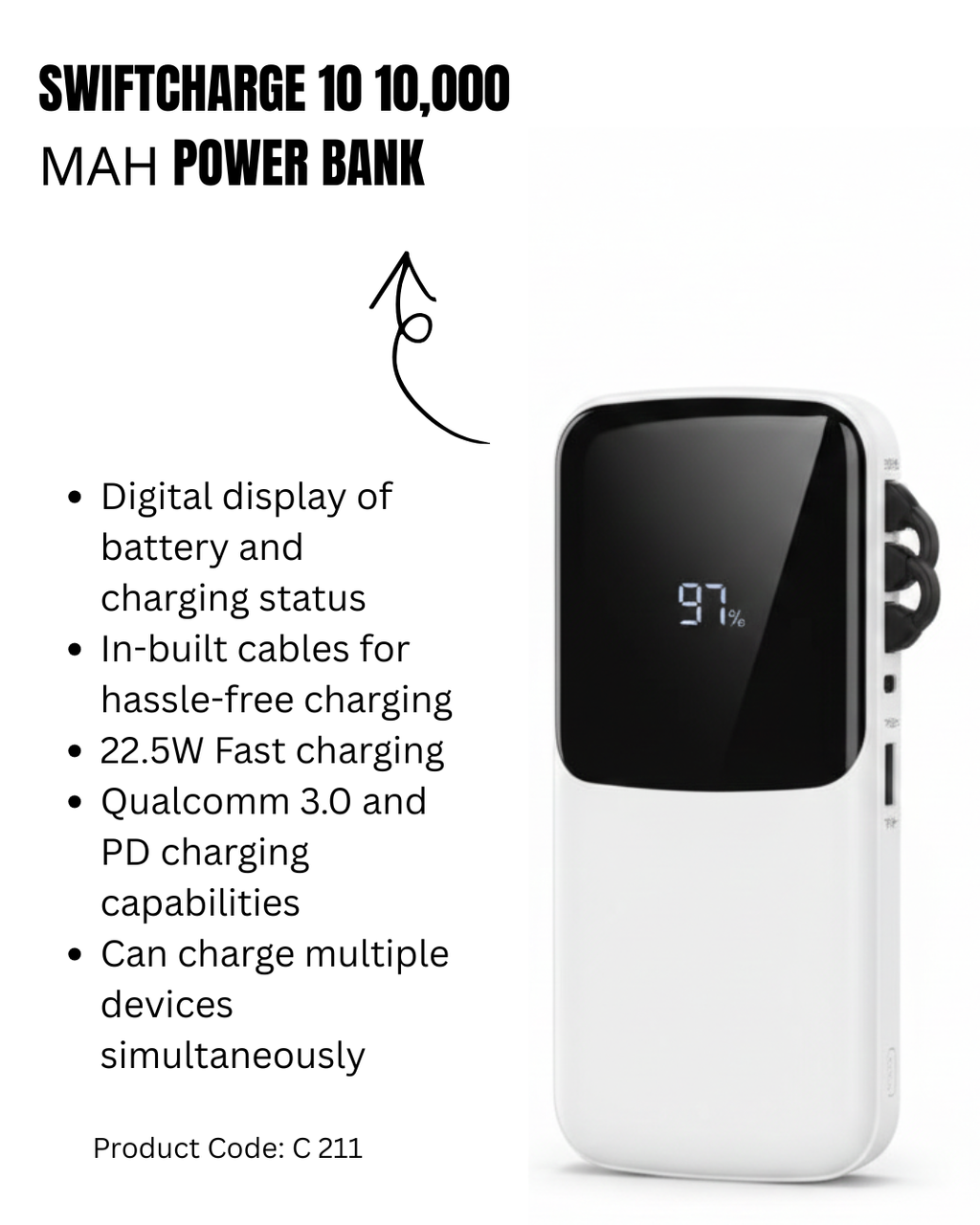 10000mAh Power Bank with Integrated Cables | 22.5W