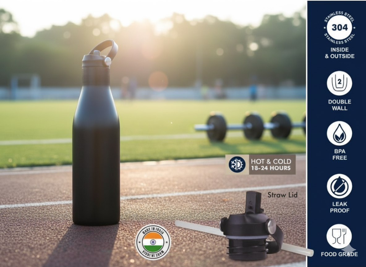 900 ml vacuum flask with Straw lid | 304 steel inside & outside | 18 hours hot/cold