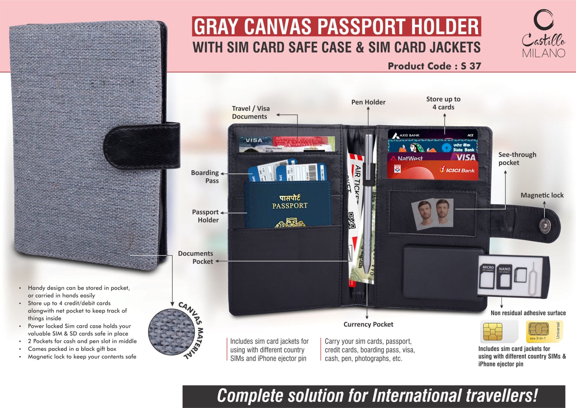 Gray Canvas Passport Suite | SIM-Safe Professional Holder