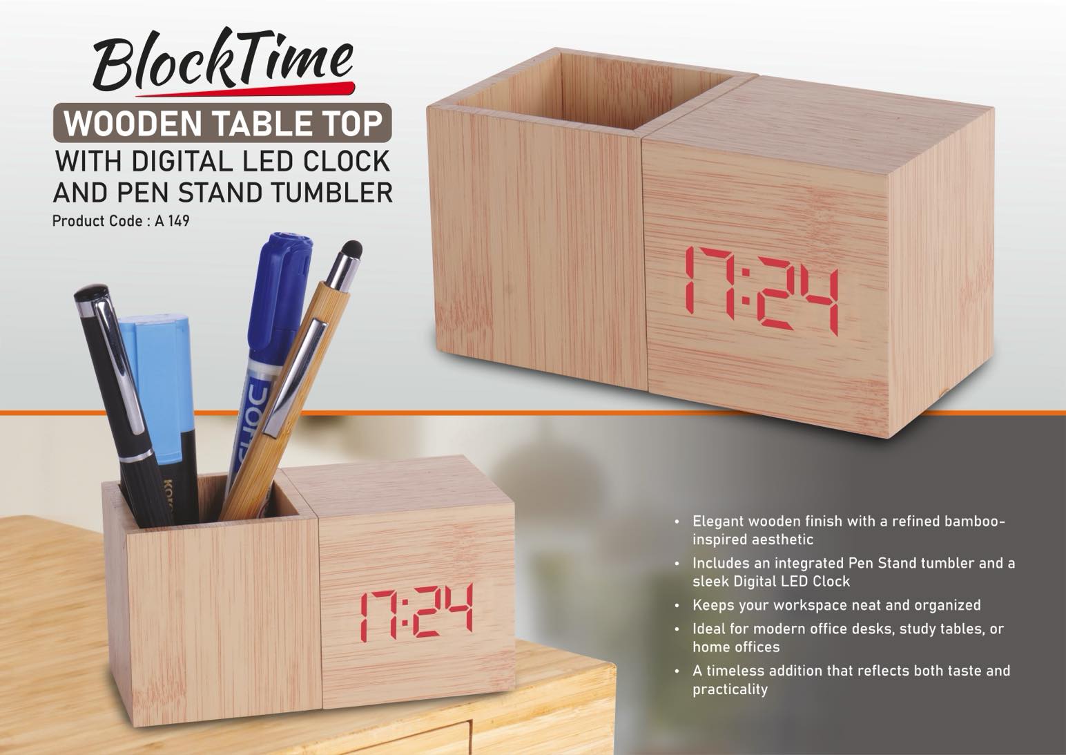 BlockTime LED Ensemble | Wooden Digital Clock & Pen Stand