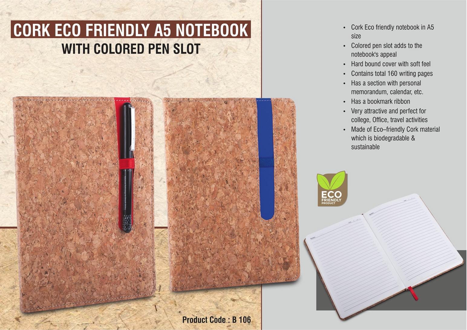 A5 Hardbound Cork Portfolio | Colored Pen-Slot Premium Notebook