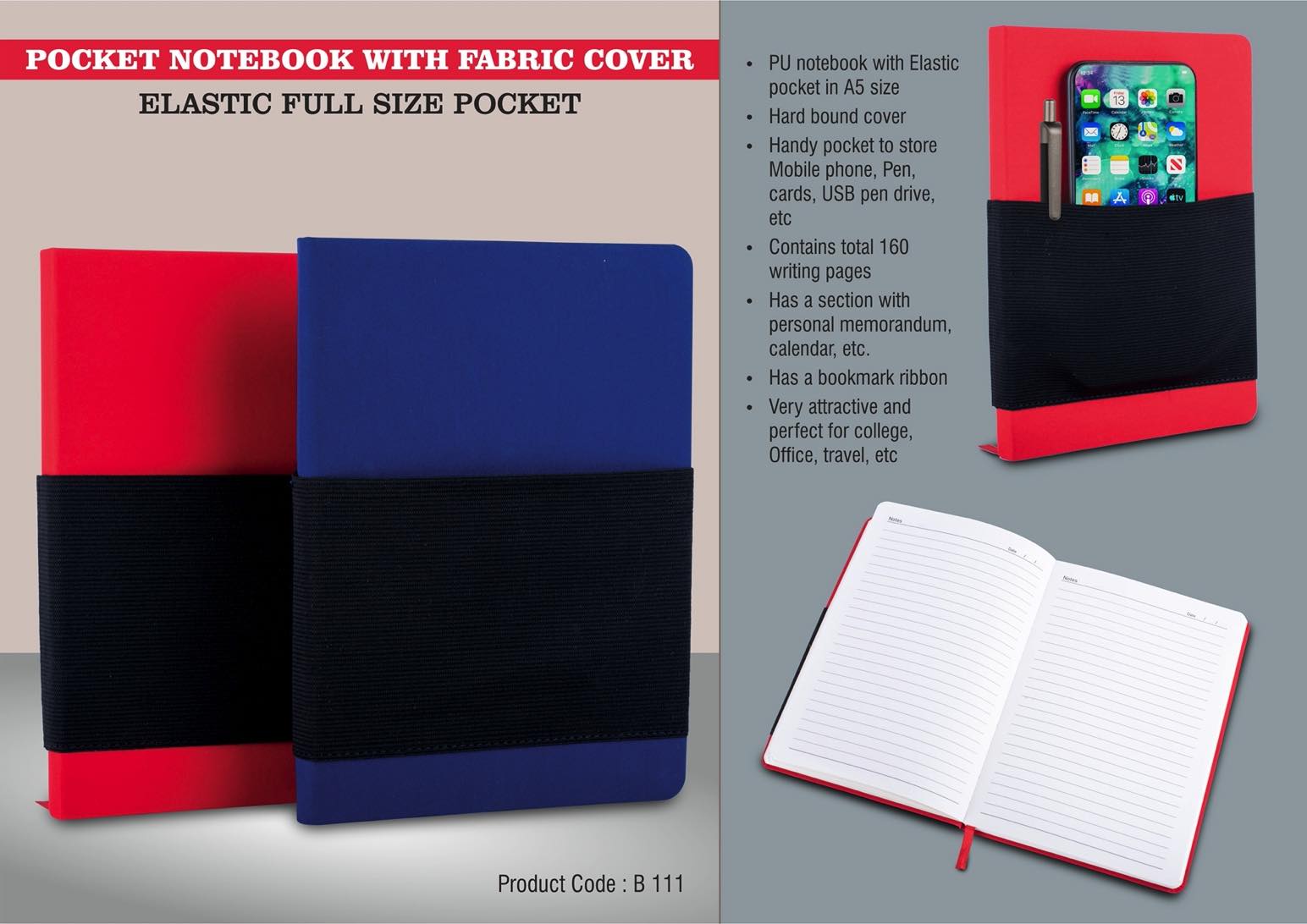 Fabric Soft-Cover Executive | Elastic Pocket A5 Notebook