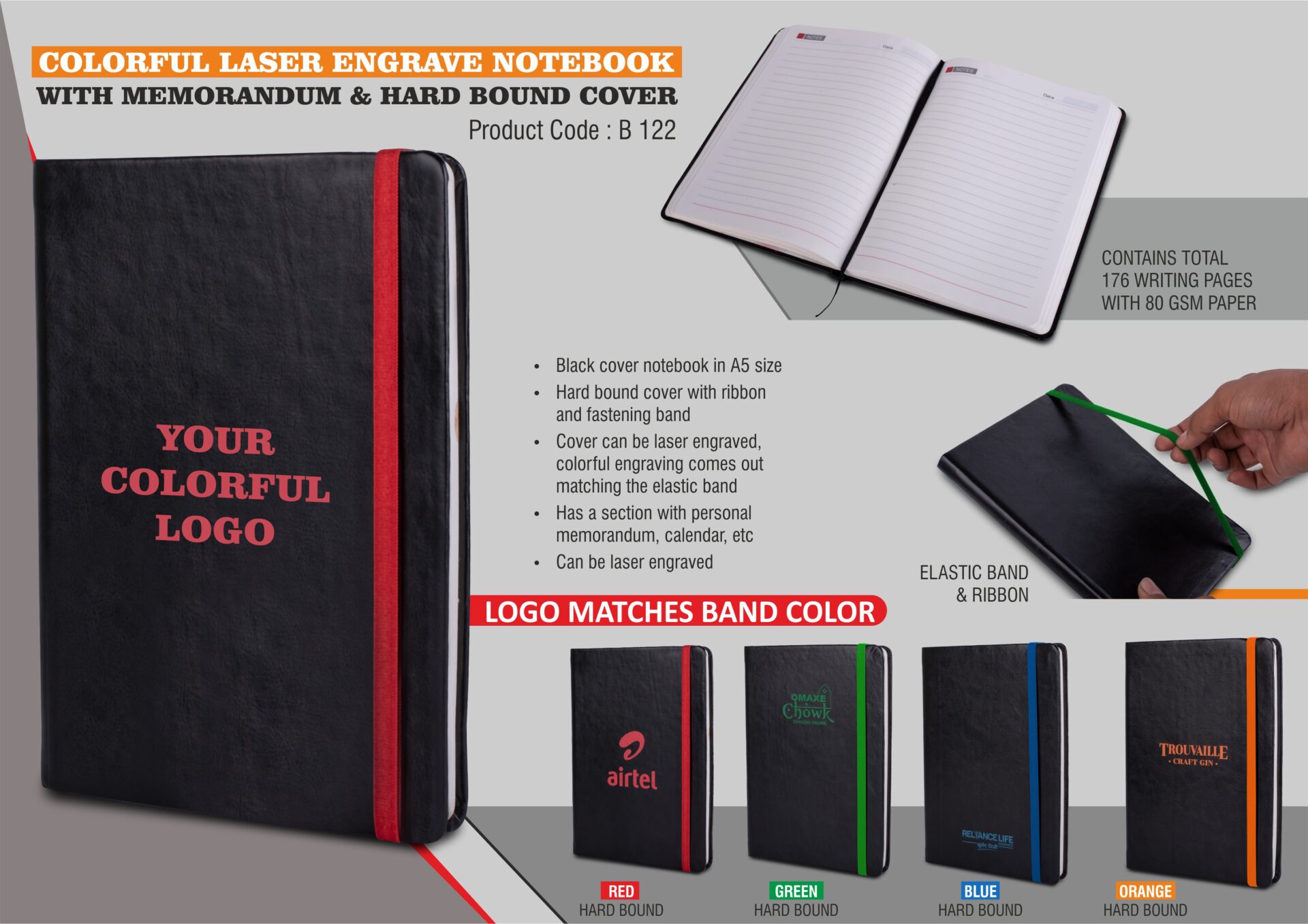 Logo-Sync Laser Portfolio | Colorful Hardbound A5 Notebook