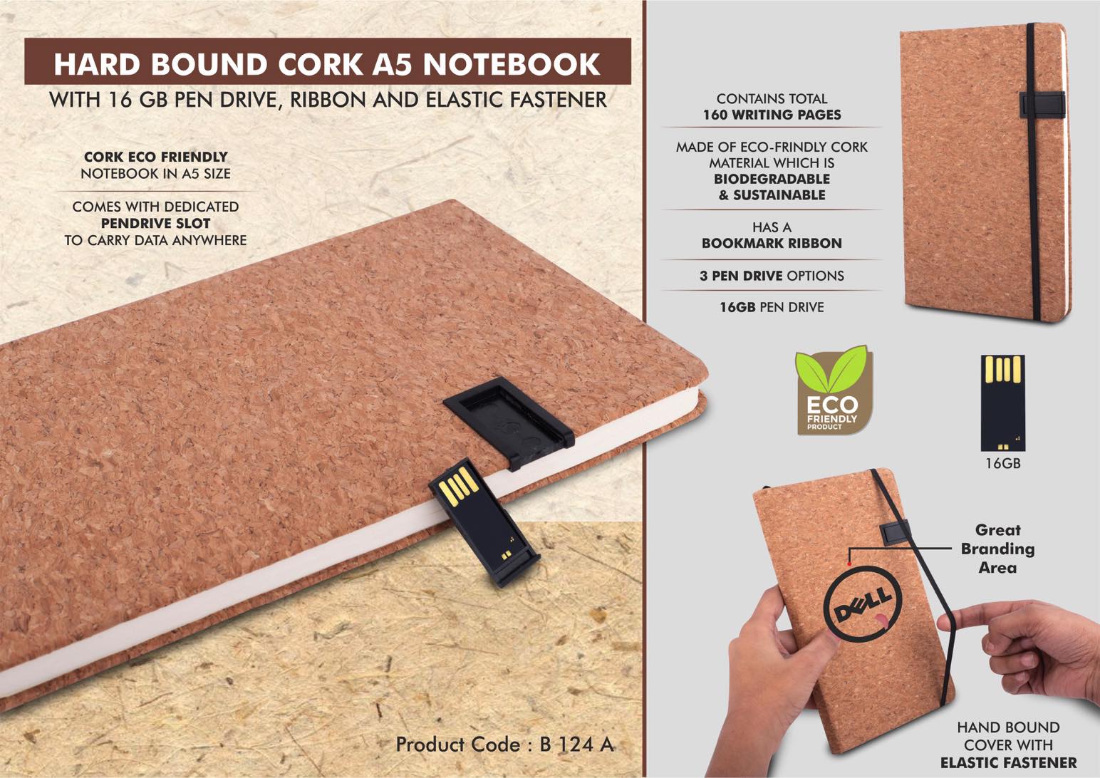 16GB Integrated USB Portfolio | Hardbound Cork A5 Notebook