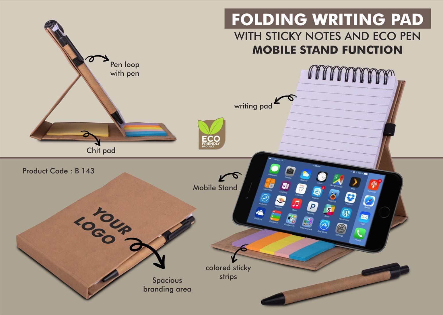 Eco-Duo Folding Portfolio | Sticky Note Notepad & Mobile Stand