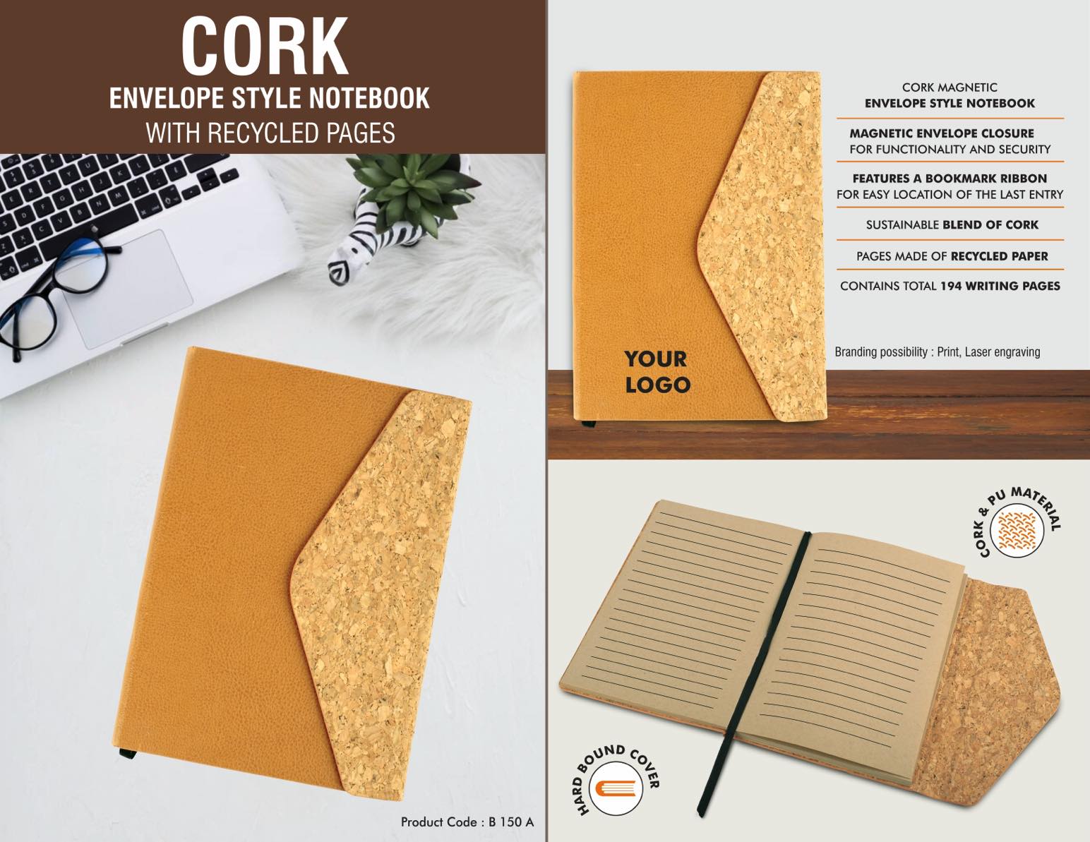 Cork Magnetic Envelope | A5 Recycled-Page Signature Notebook