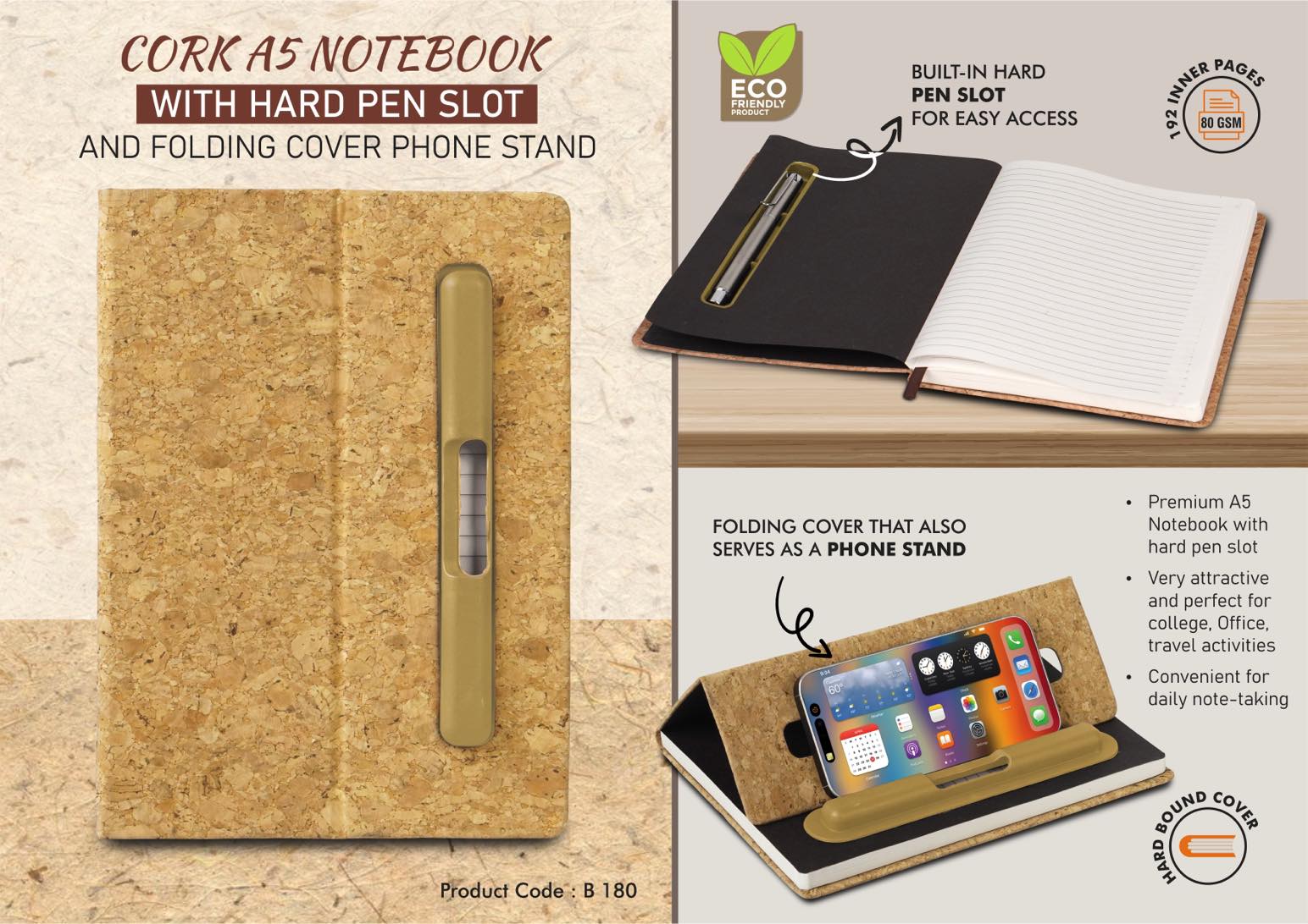 Cork Folding Series | A5 Notebook & Rotating Phone Stand