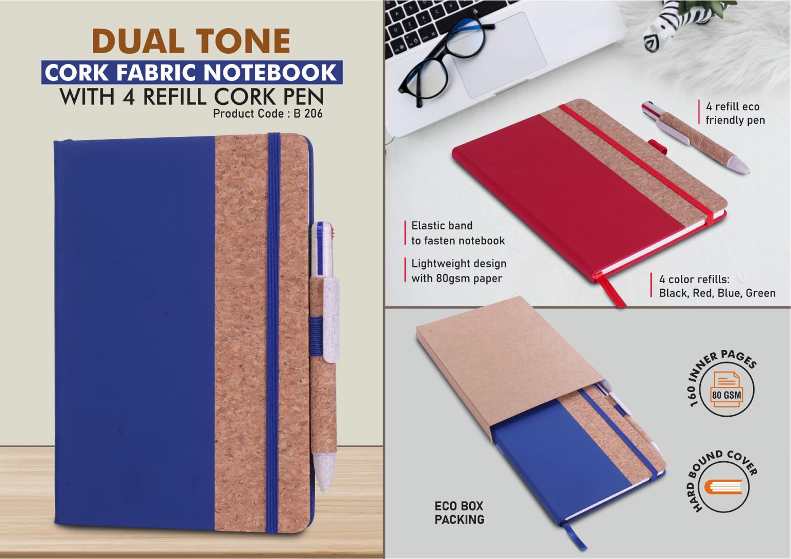 Dual-Tone Cork Fabric Executive | A5 Notebook & Cork Pen Set