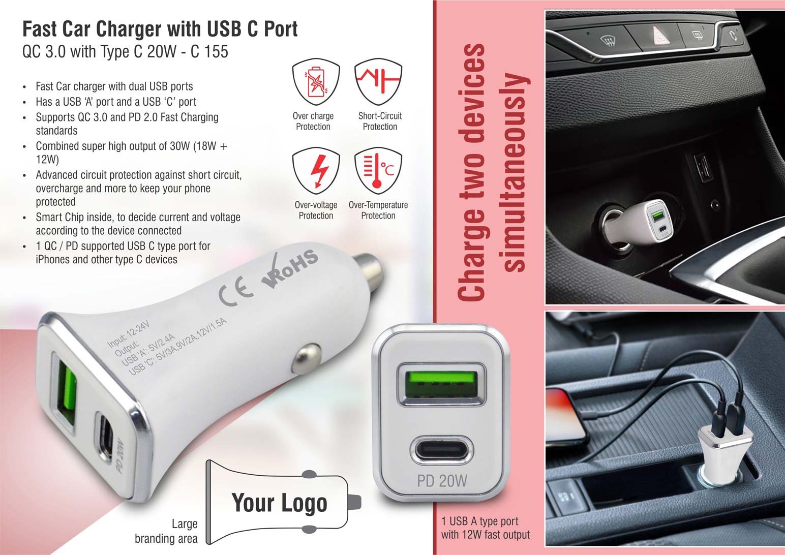 QC 3.0 Type-C 20W Car Charger | Fast Charging Travel Suite