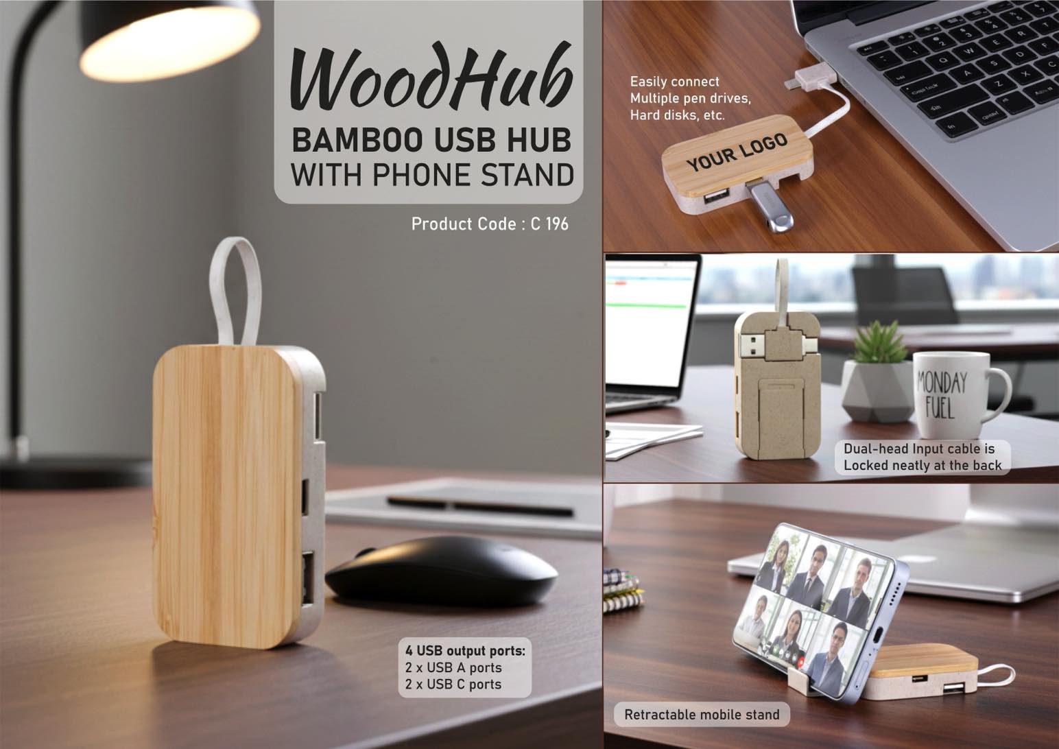 WoodHub 4-Port Suite | Bamboo USB Hub & Desktop Phone Stand