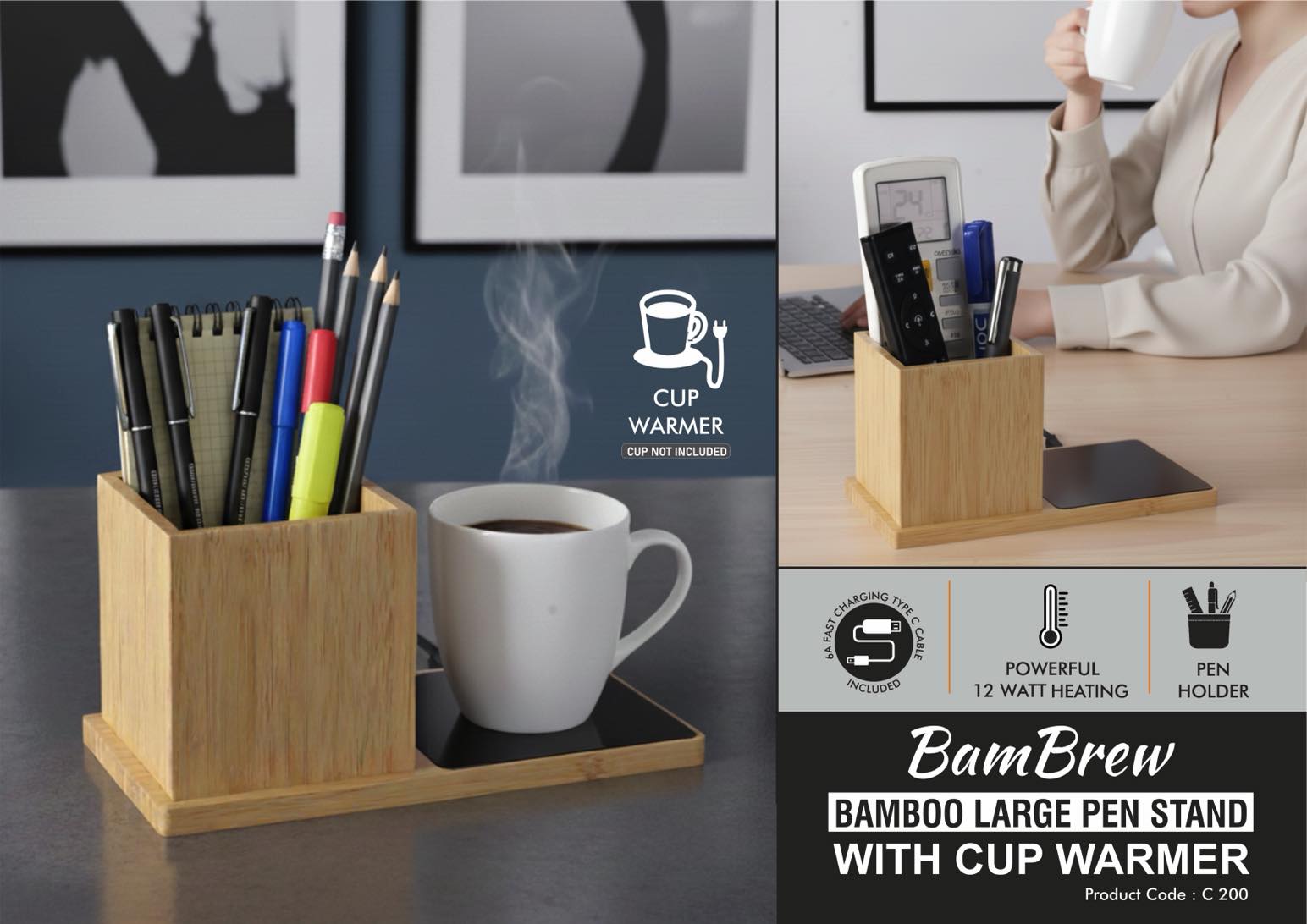 BamBrew Cup-Warmer Suite | Large Bamboo Professional Pen Stand