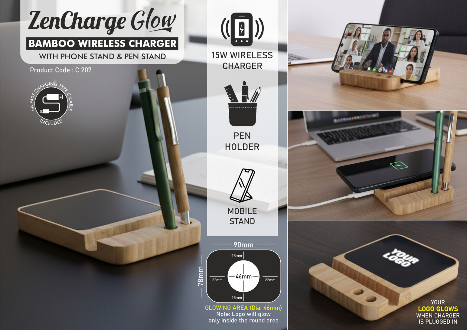 ZenCharge Glow 15W | Bamboo Wireless Charger & Pen Stand
