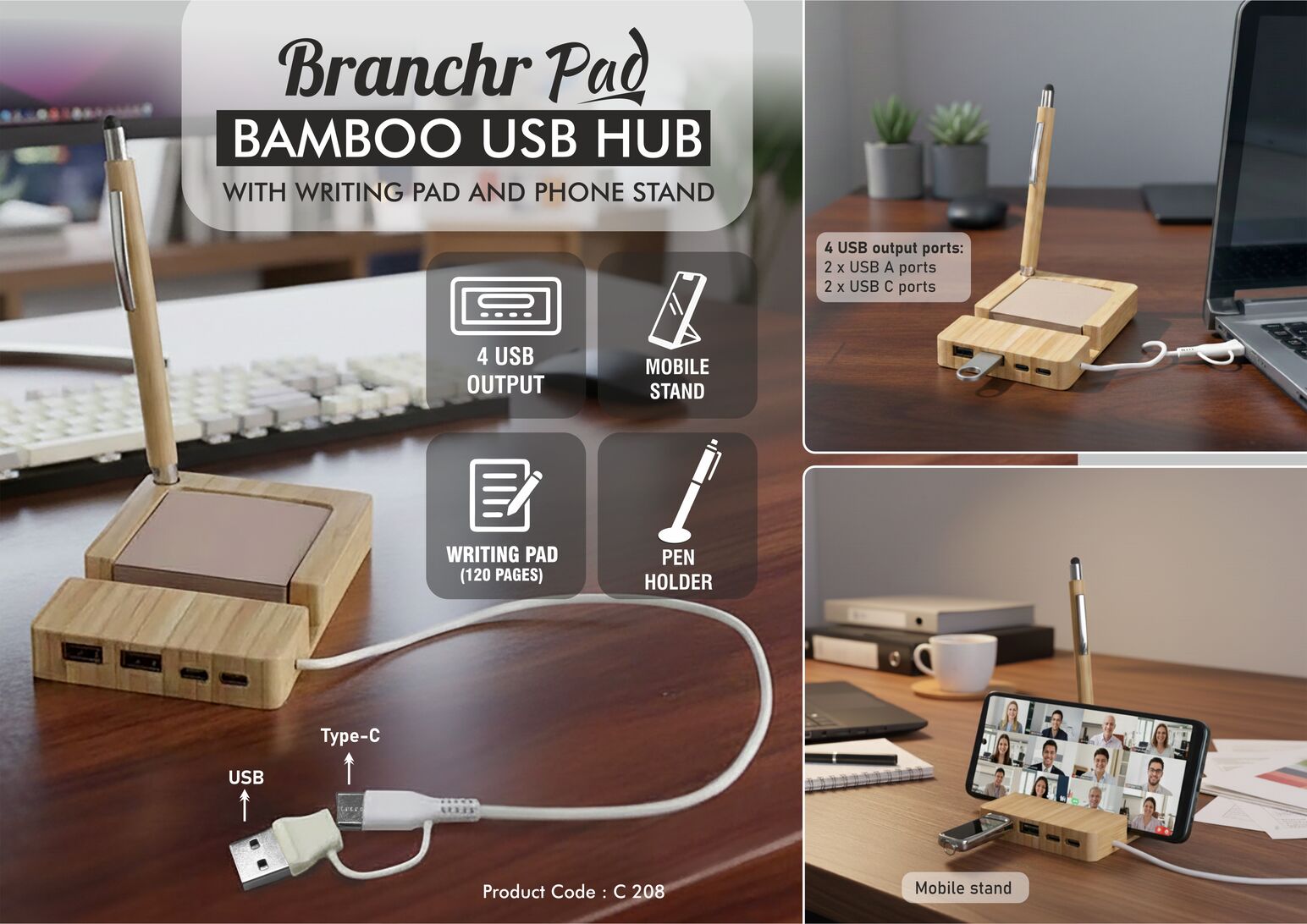 Branchr Pad Bamboo Duo | USB Hub & 120-Sheet writing Pad