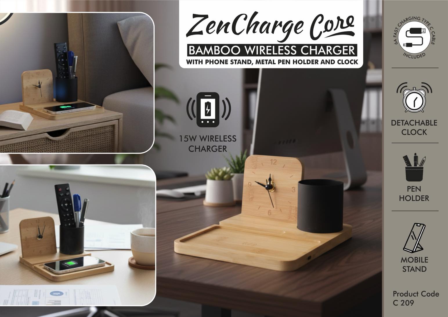 ZenCharge Core 15W | Bamboo Wireless Charger & Desktop Clock