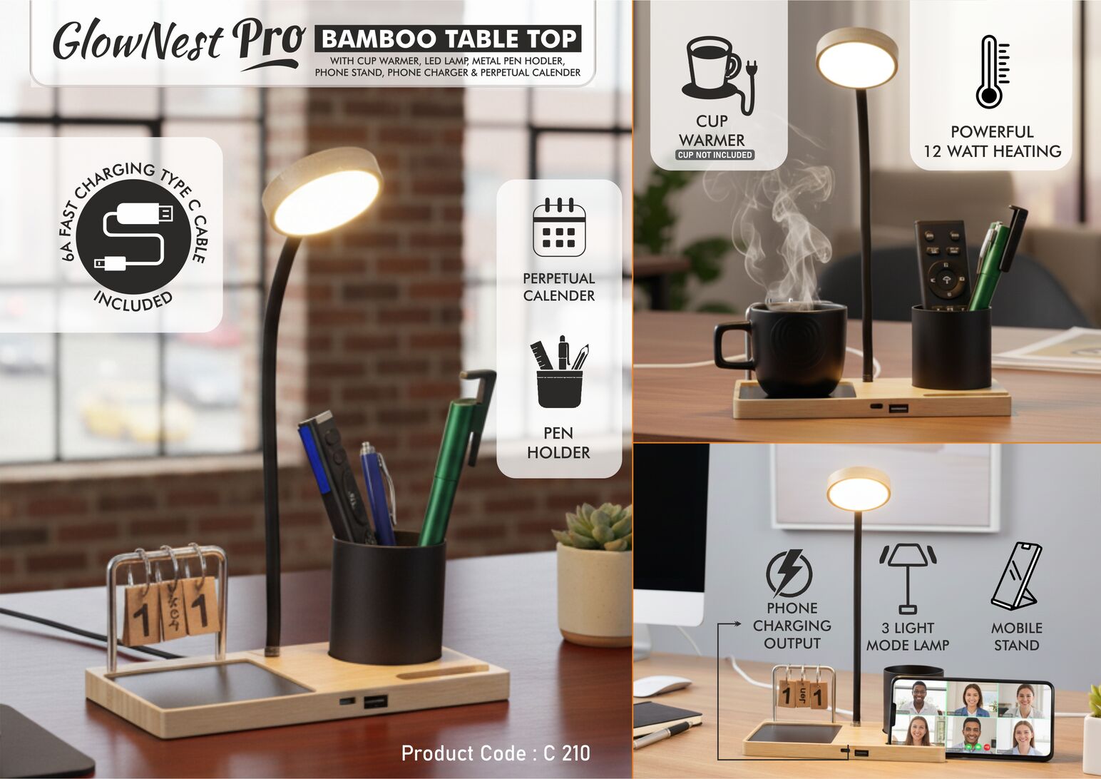 GlowNest Pro Premium | Bamboo Table Top & Calendar Table