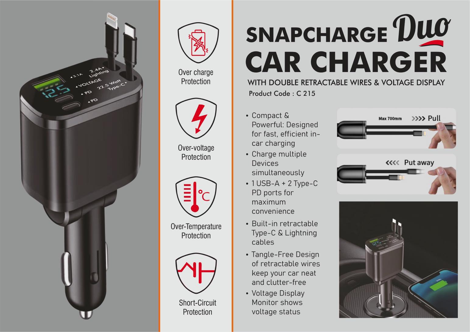 SnapCharge Duo Retractable | Car Charger & Voltage Display