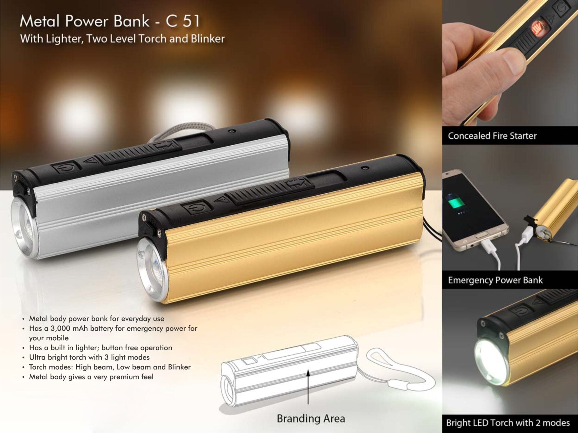 Metal Power Bank Excellence | Integrated Lighter & Blinker Torch