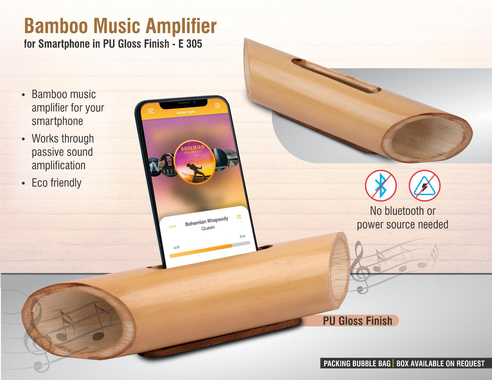 Bamboo Acoustic Amplifier | Smartphone Speaker & PU Gloss Suite