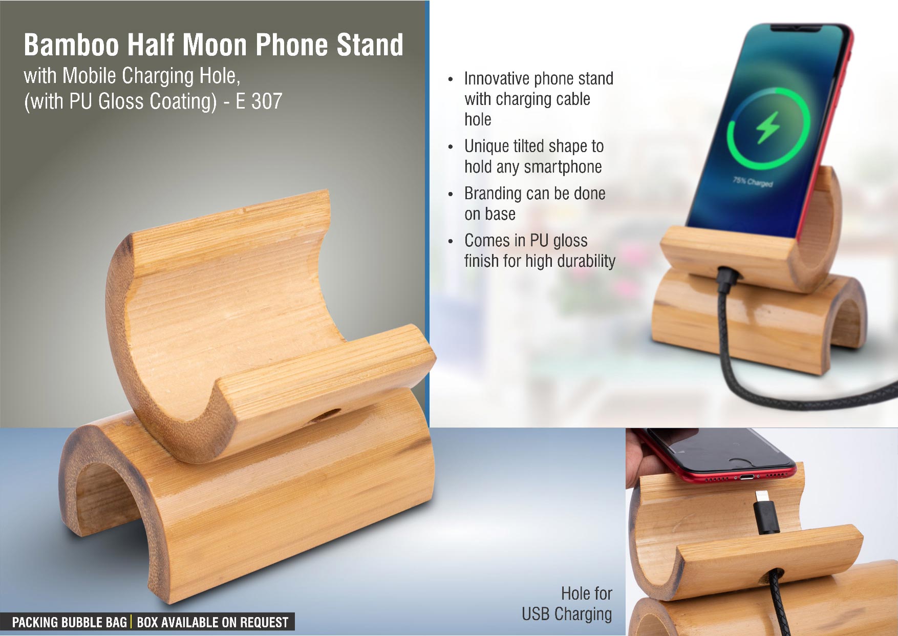 Bamboo Half-Moon Stand | Integrated Mobile Charging Suite