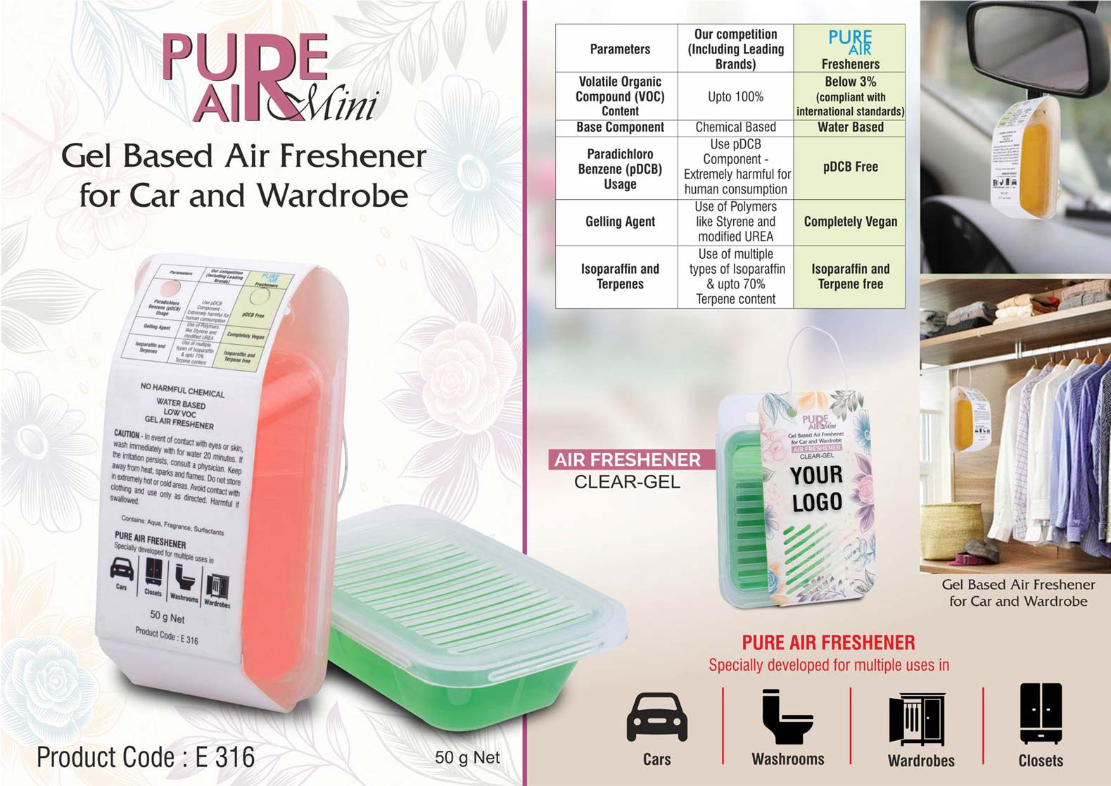 Pure Air Mini 50g Gel | Open/Close Car & Wardrobe Freshener