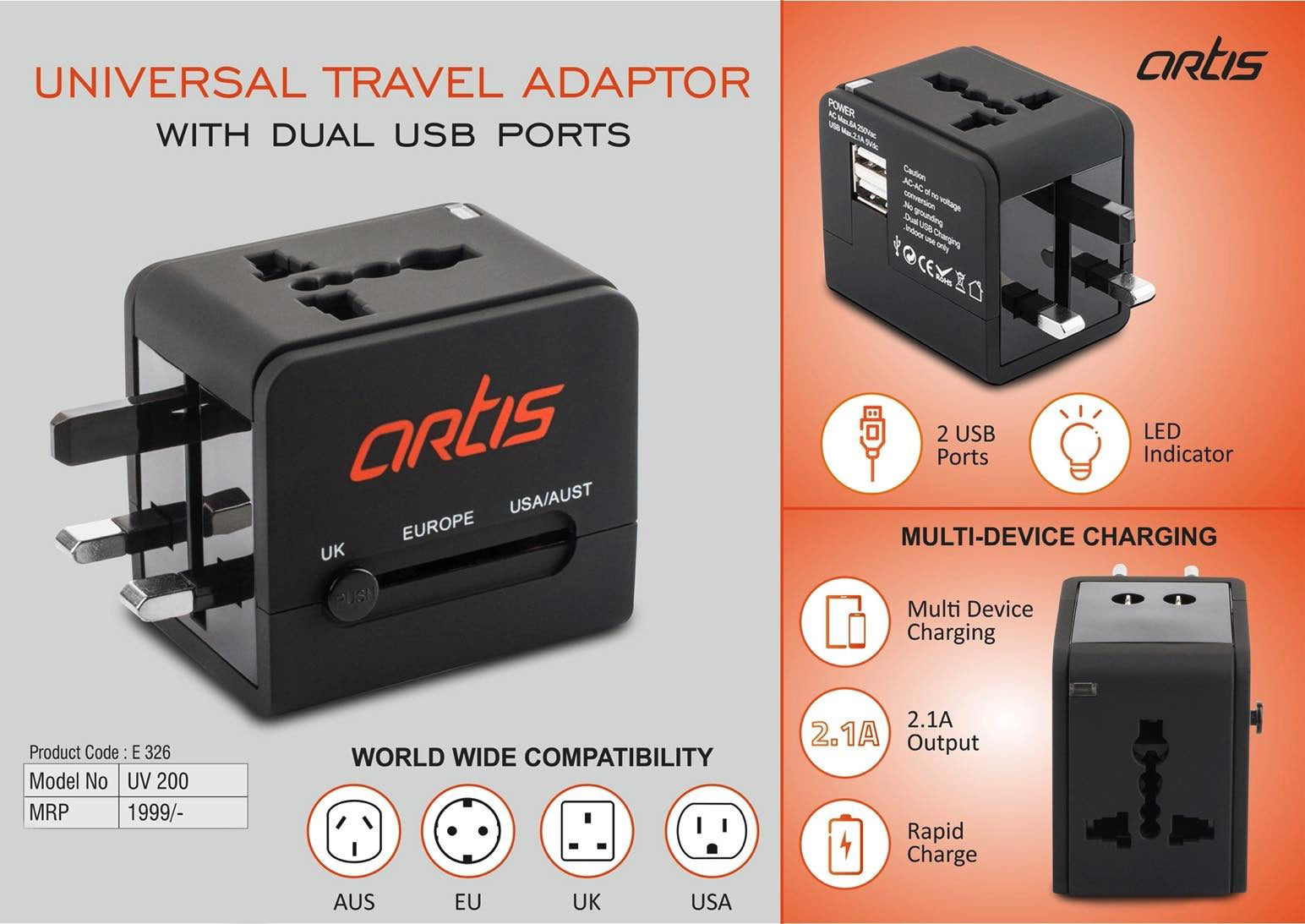 Artis Universal UV200 Adaptor | Dual-USB World Travel Suite