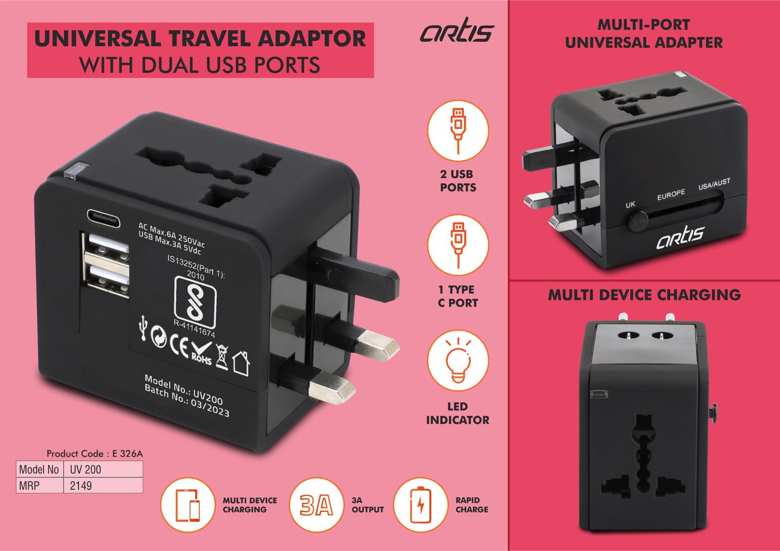 Artis Universal UV200 Adaptor | Dual-USB Premium Travel Suite
