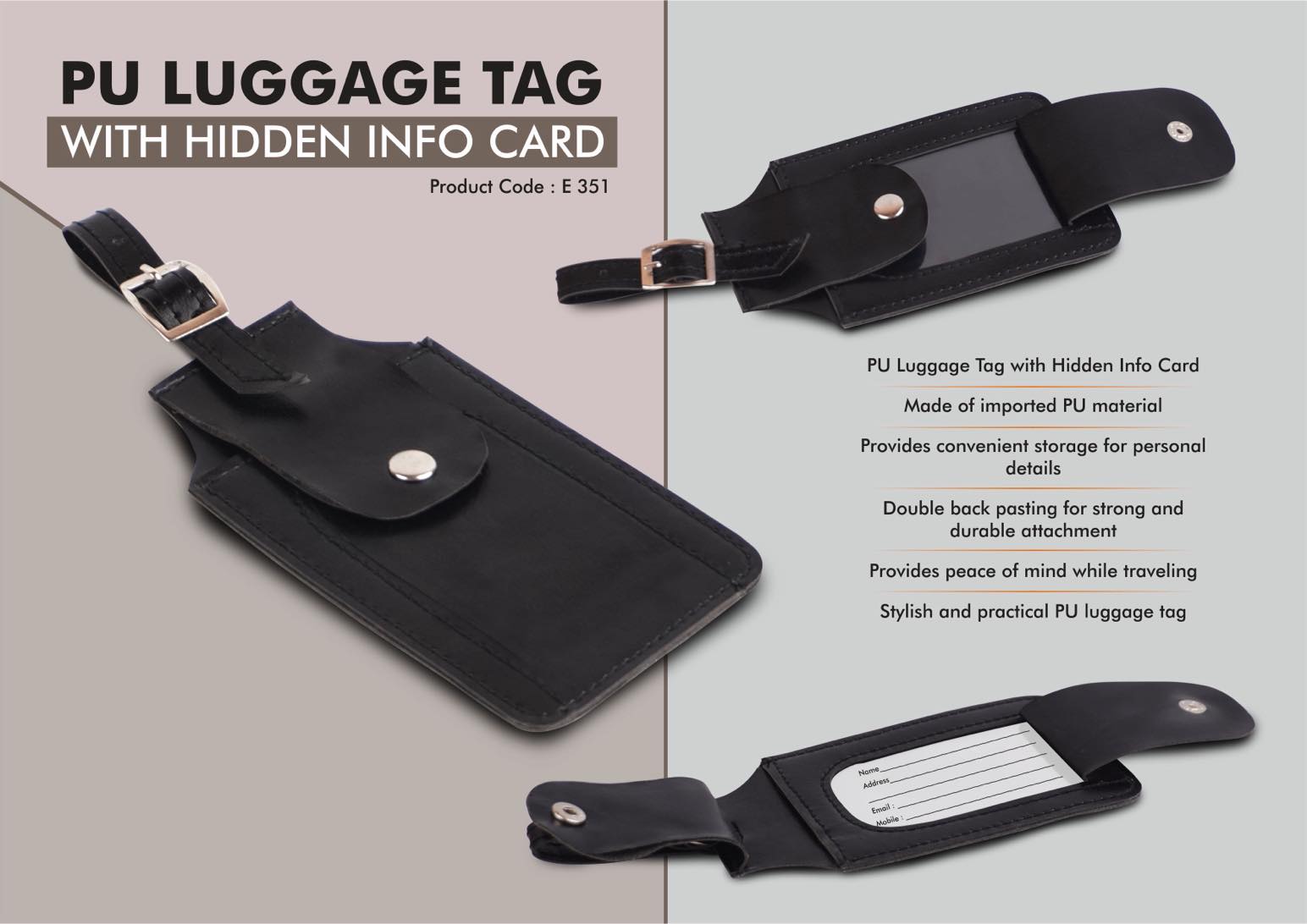 Hidden Info Card PU Tag | Premium Double-Pasting Luggage Accessory