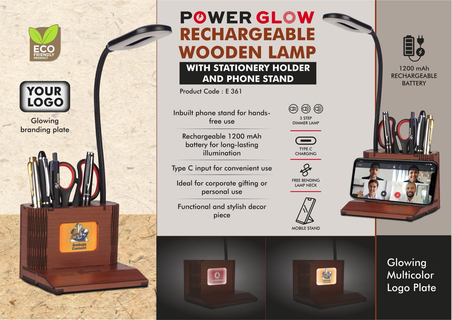 PowerGlow Dimmer Ensemble | Wooden LED Lamp & Phone Stand