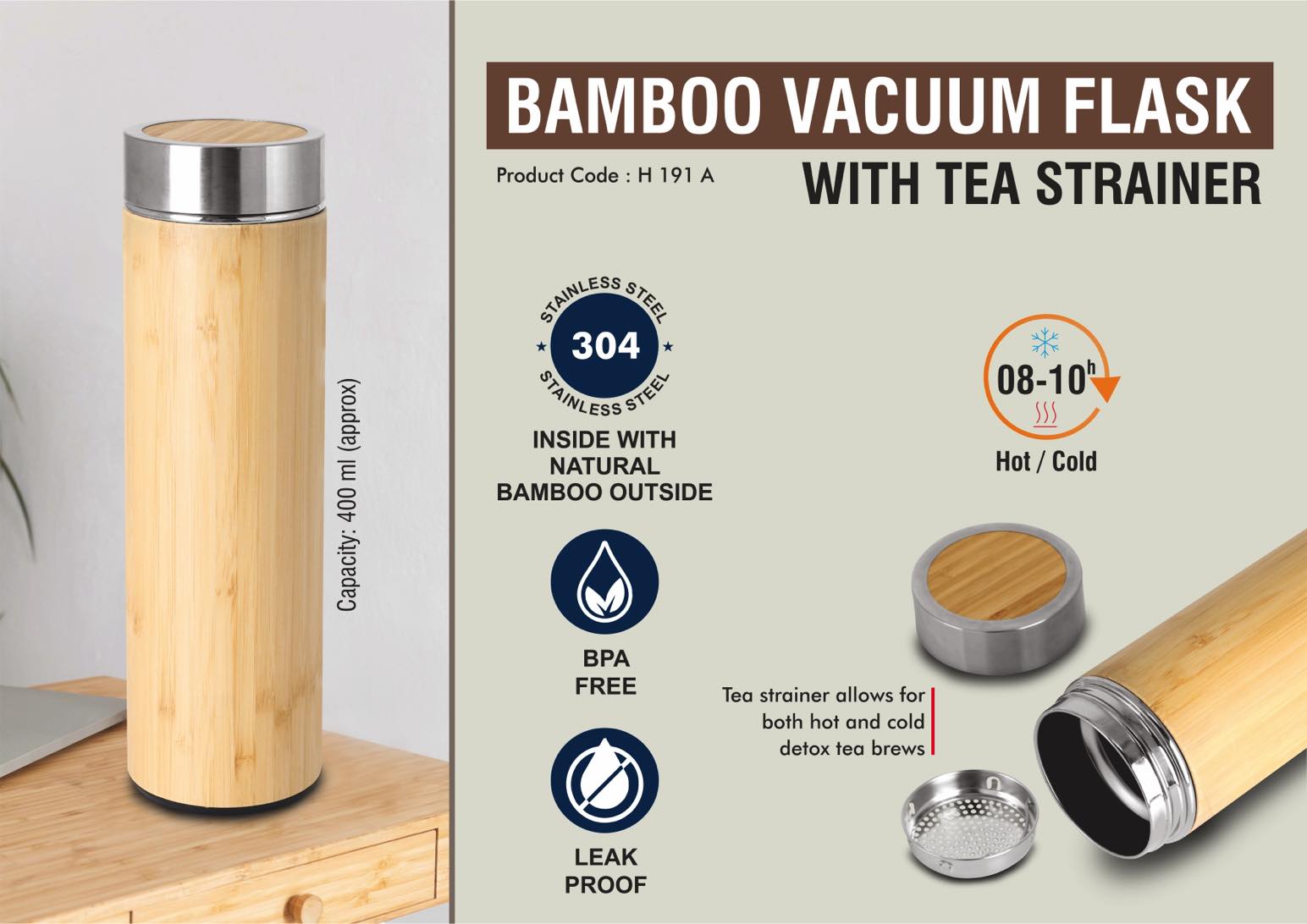Bamboo Tea-Strainer Vacuum | 304 Grade Stainless steel Flask