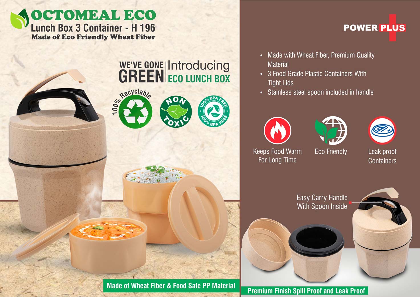 Octomeal Triple Eco-Plastic| Leakproof Sustainable Lunch Ensemble