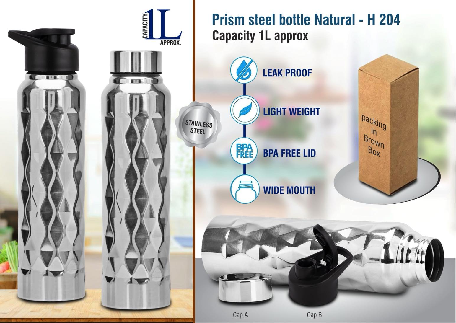 Prism Natural Series | 1L High-Capacity Stainless Bottle