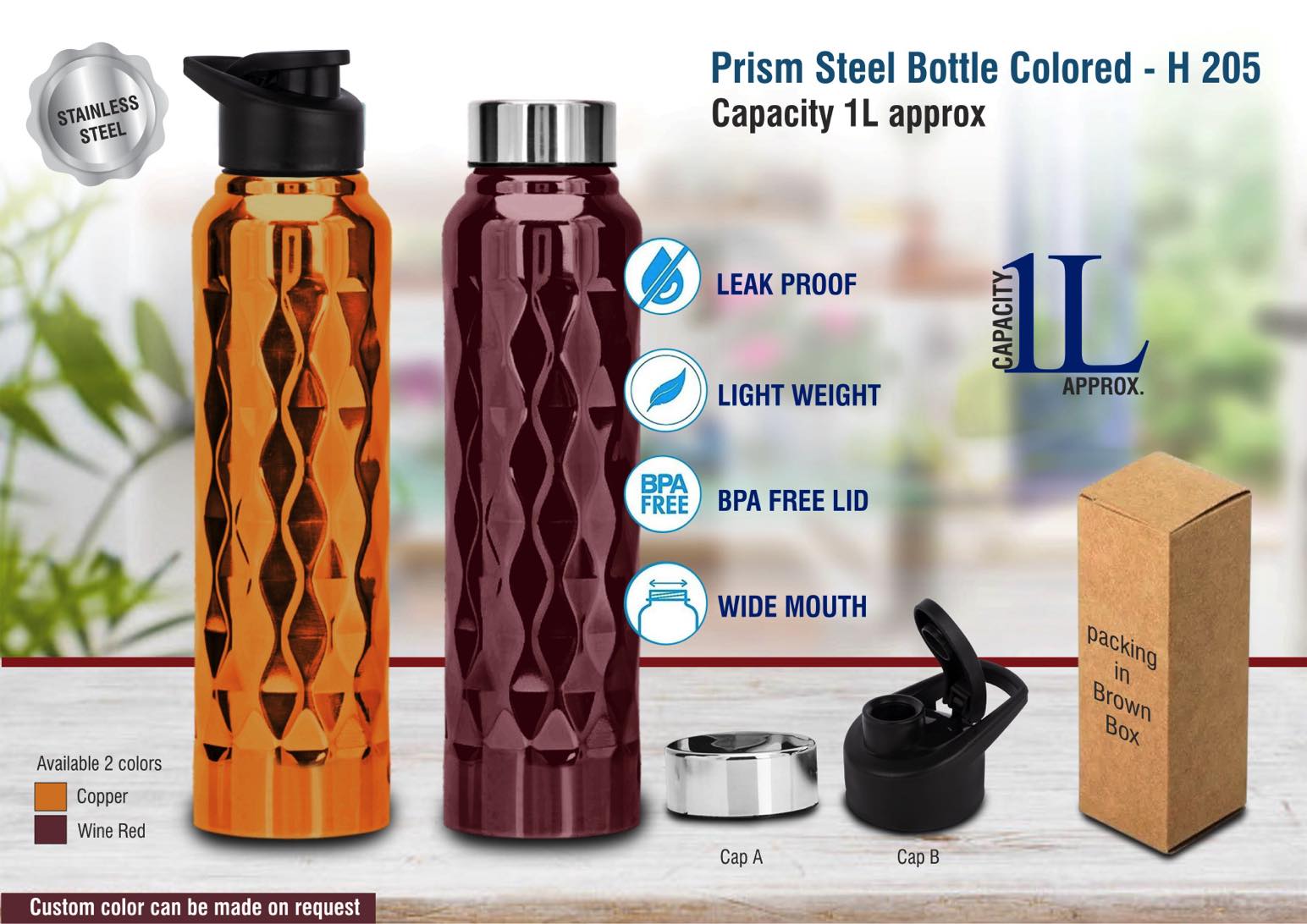 Prism Colored Series | 1L Single Wall Stainless steel Bottle