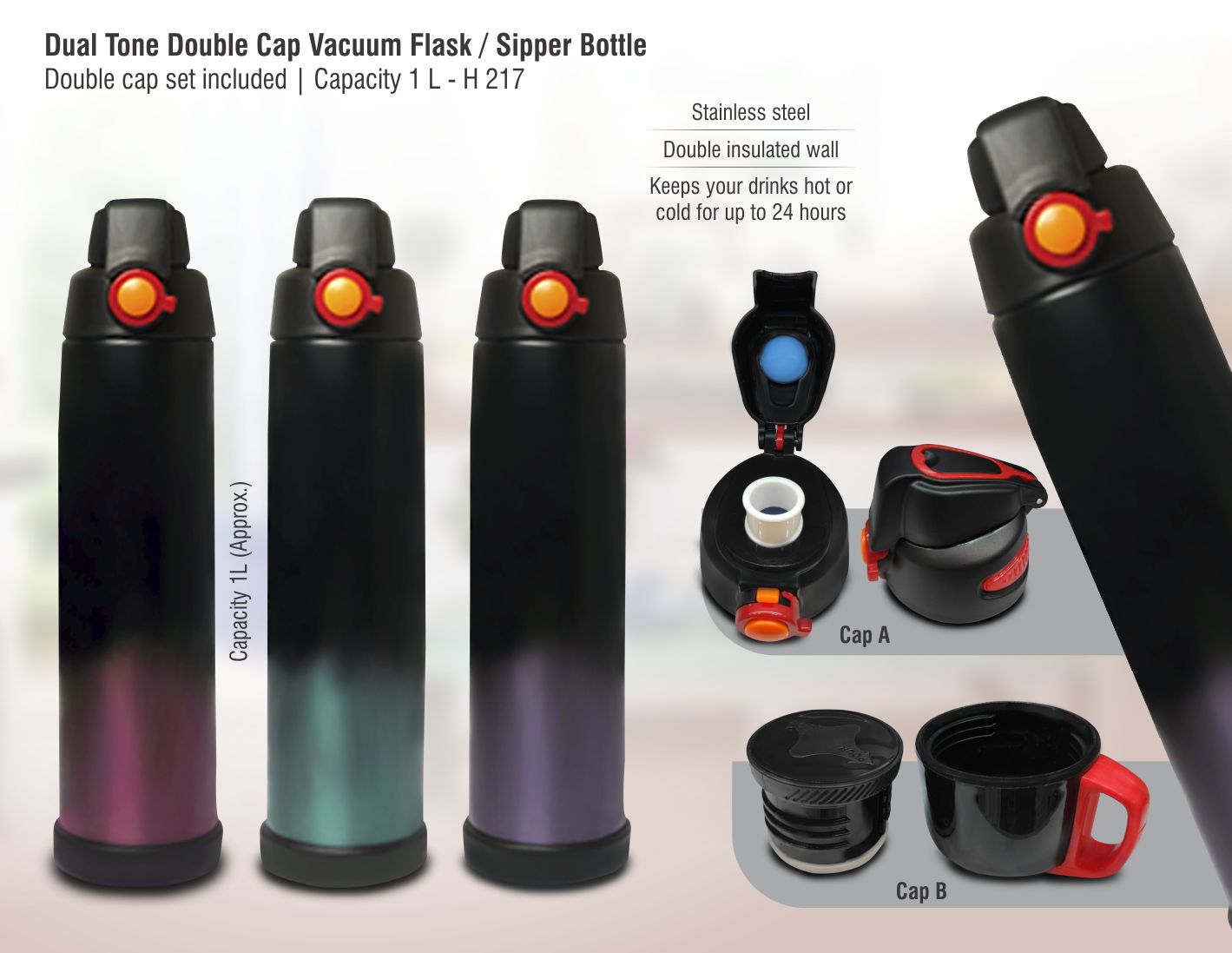 Double-Cap Vacuum Trio | 1L High-Capacity Flask & Sipper