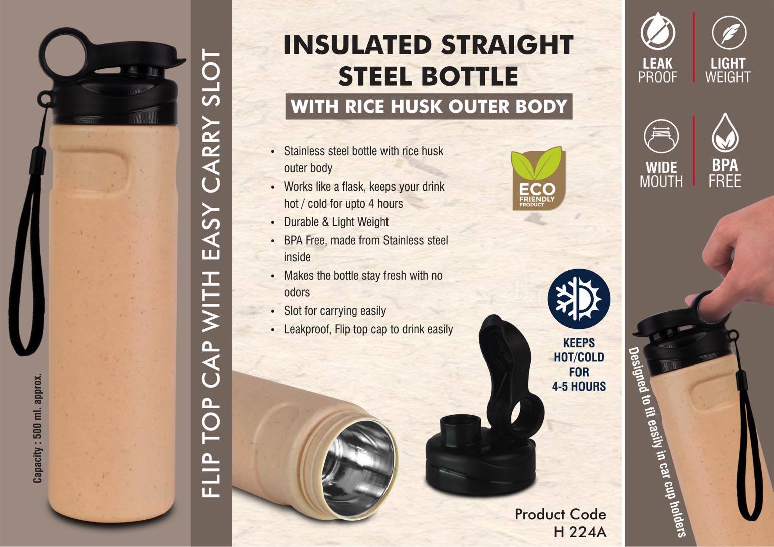 Rice Husk Sustainable Suite | 500ml Insulated Stainless steel Bottle