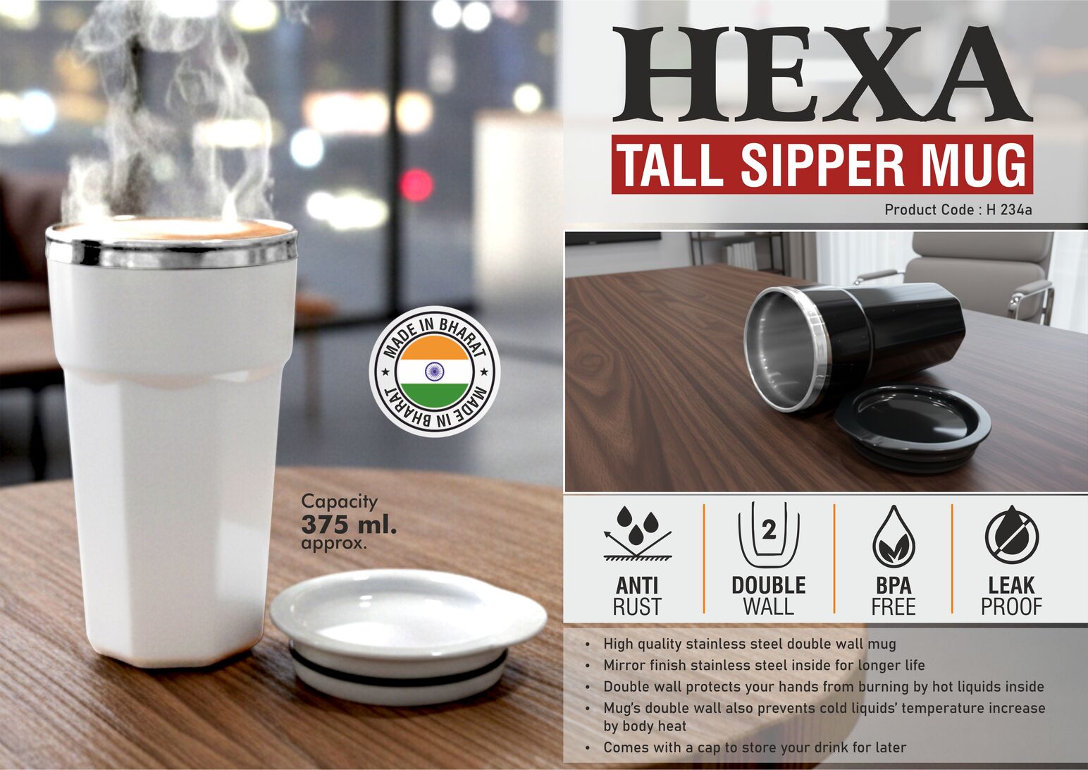 Hexa Tall Sipper Excellence | Stainless Steel Inner Body Mug