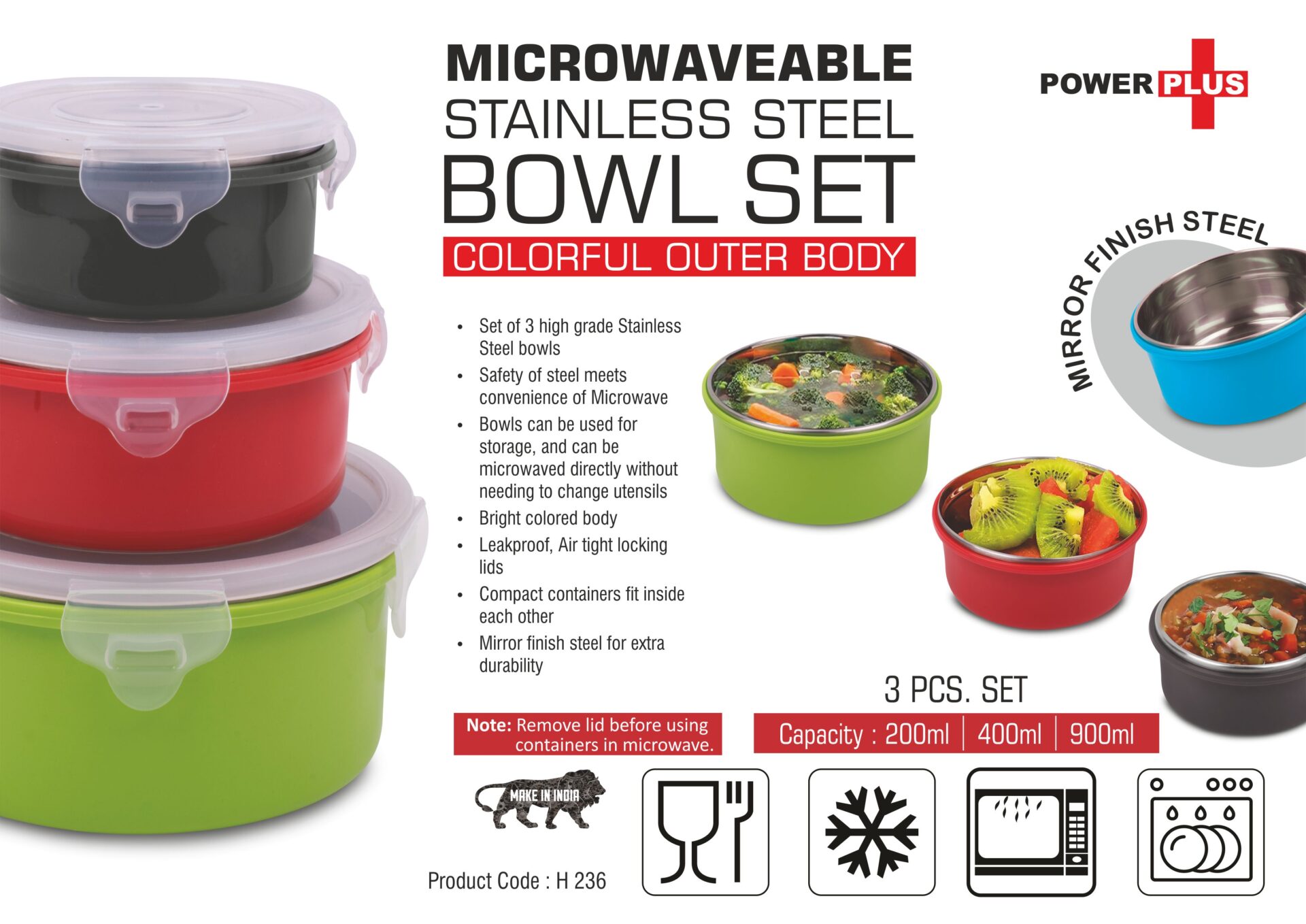Colorful Microwaveable SS Bowls | 3-Pc High-Capacity Set