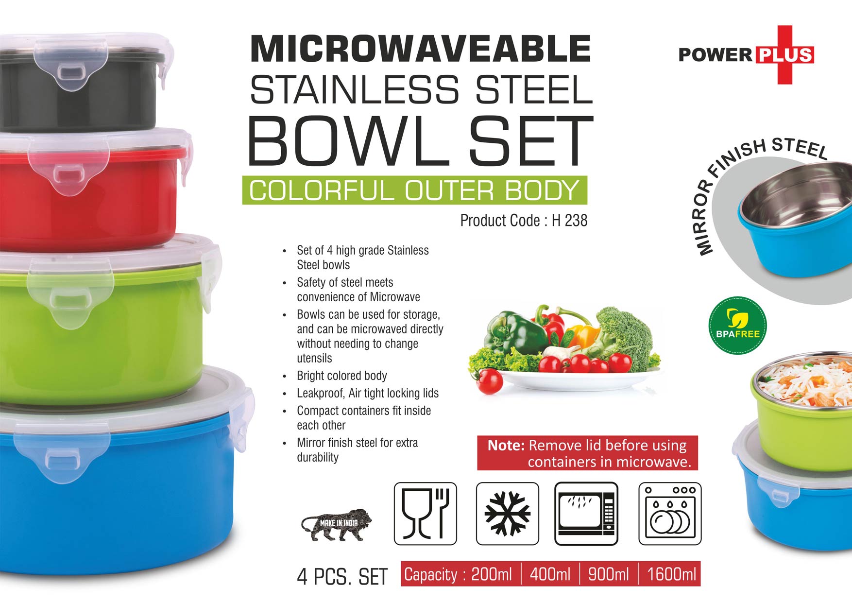 Colorful Microwaveable SS Bowls | 4-Pc High-Capacity Set