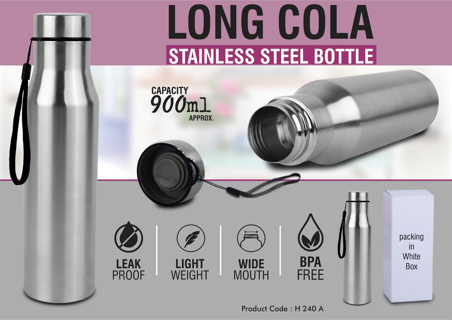 Long Cola Single Wall | 900ml Stainless steel Carry-Strap Bottle