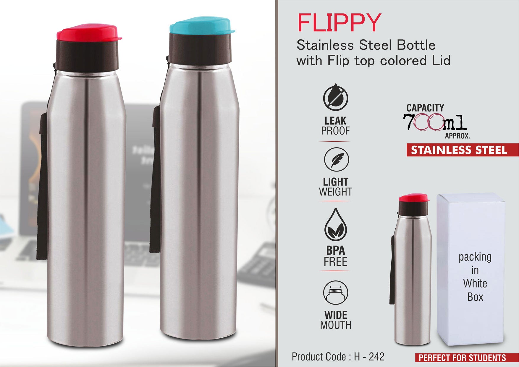 Flippy Colored Lid Suite | Single Wall 700ml Stainless Bottle