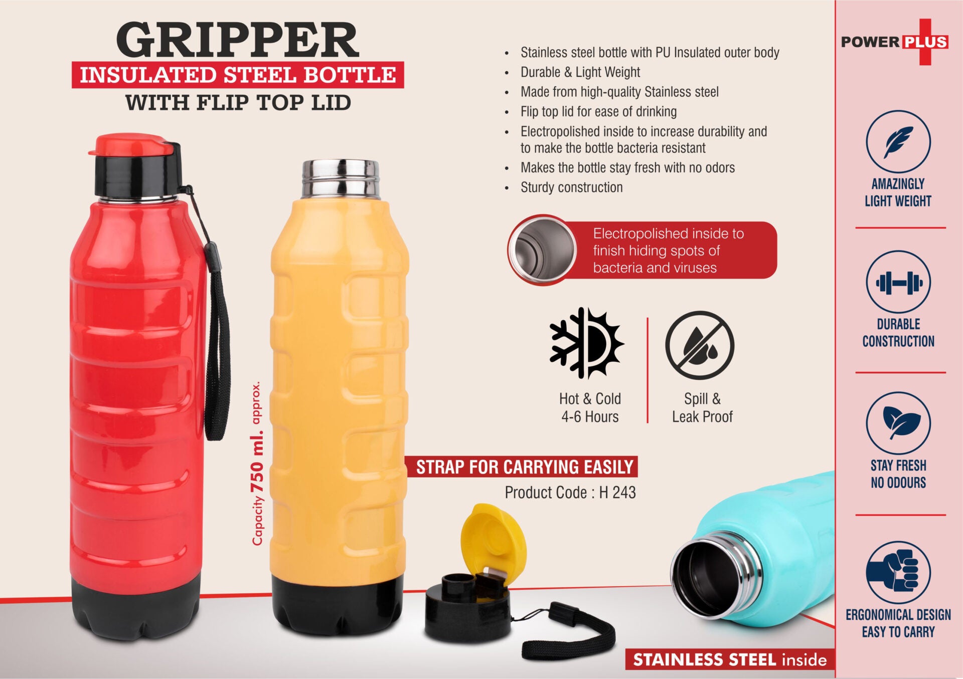 Gripper Flip-Top Suite | 6-Hr Thermal Stainless steel Bottle