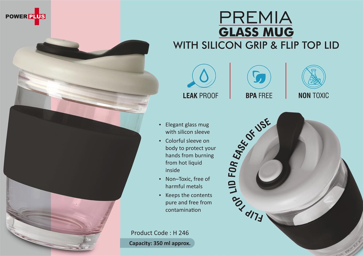 Premia Silicon Grip Duo | Flip-Top Borosilicate Glass Mug
