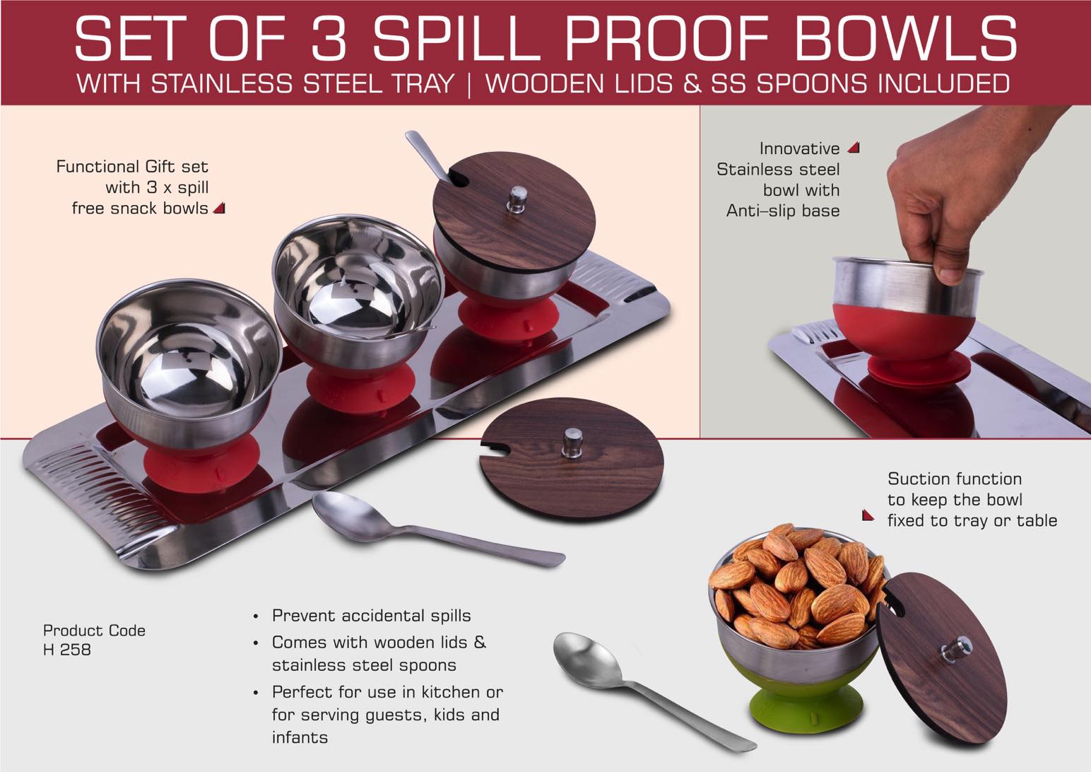 Spill-Proof Bowl Trio | Wooden Lids & SS Tray Set