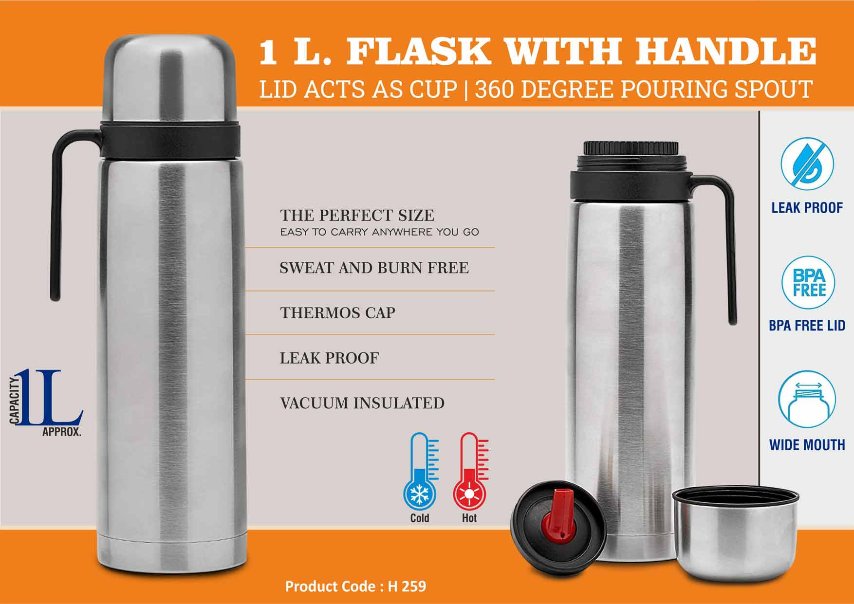 360-Degree Pouring Spout | 1L High-Capacity Flask with handle