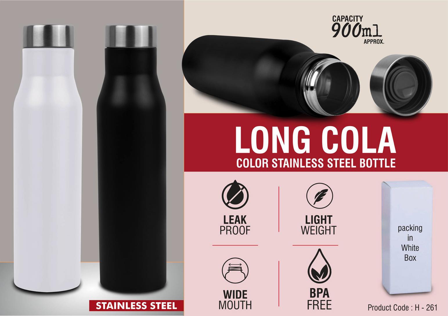 Long Cola Colored Choice | 900ml Single Wall Stainless Bottle