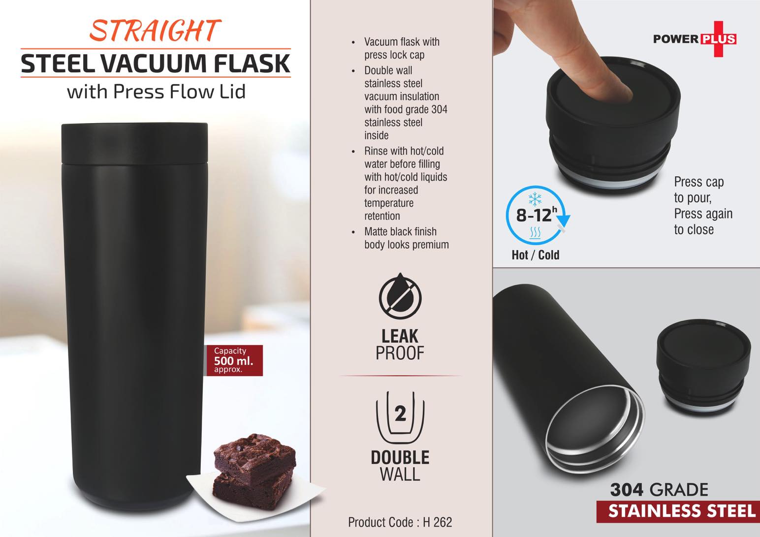 Straight Steel Press-Flow | 304 Grade Stainless Vacuum Flask