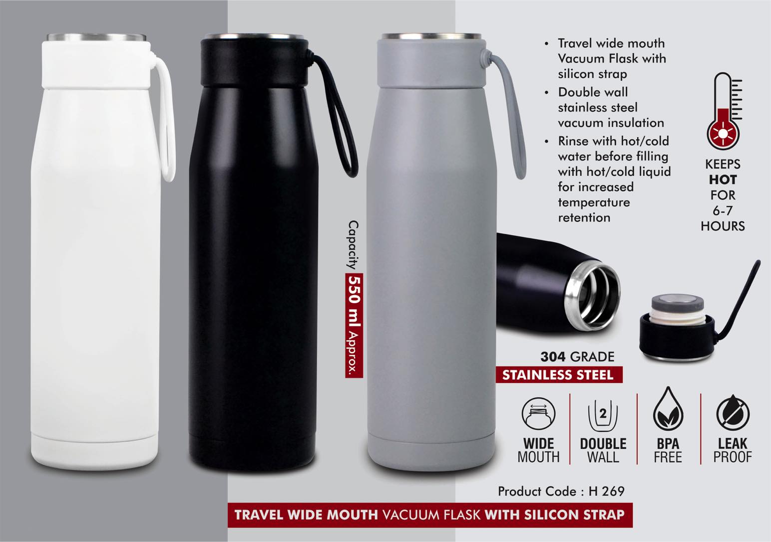 Wide-Mouth Silicon Strap | 304 Grade Stainless steel Vacuum Flask