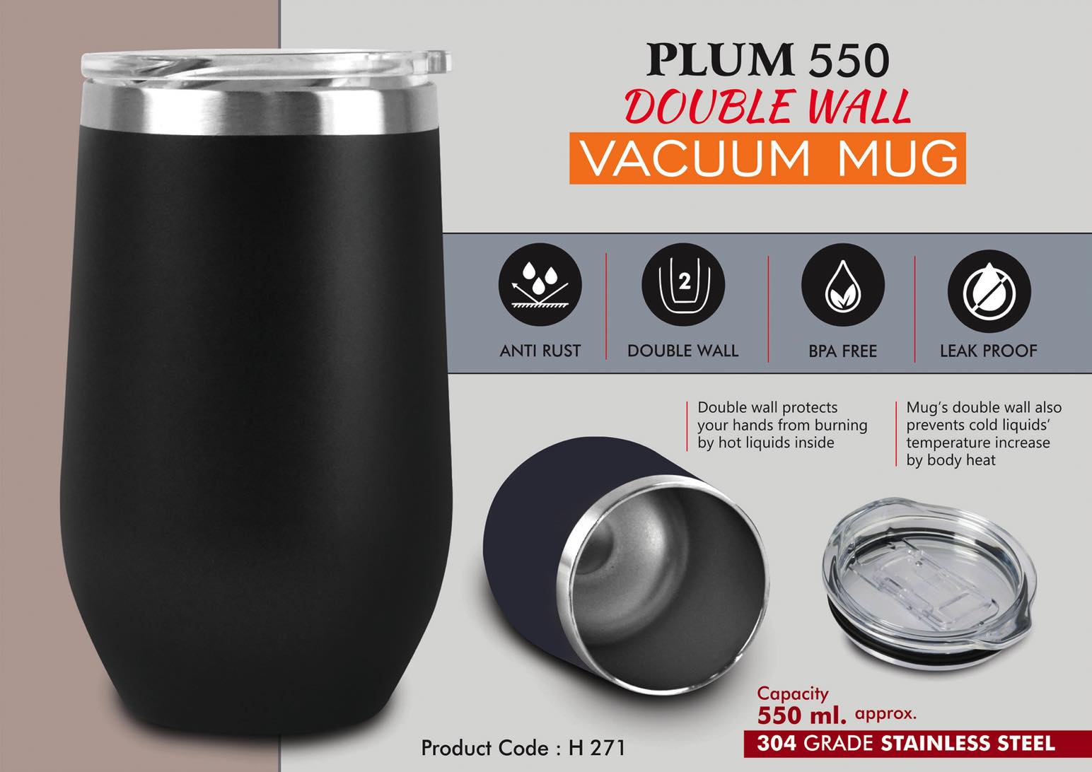 Plum 550 Vacuum Series | 304 Grade Dual-Wall Steel Mug