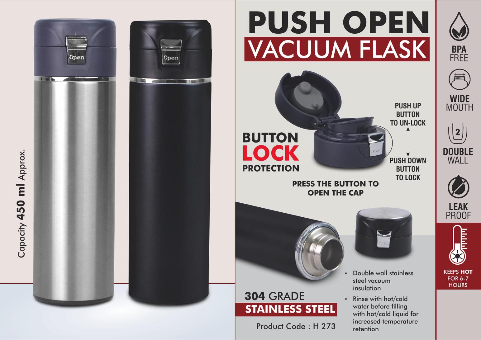 Button-Lock Push Vacuum | 304 Grade Steel 7-Hr Thermal Flask